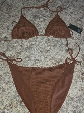 Wild Fabel Cinnamon Crochet Triangle Bikini Set NWT Large